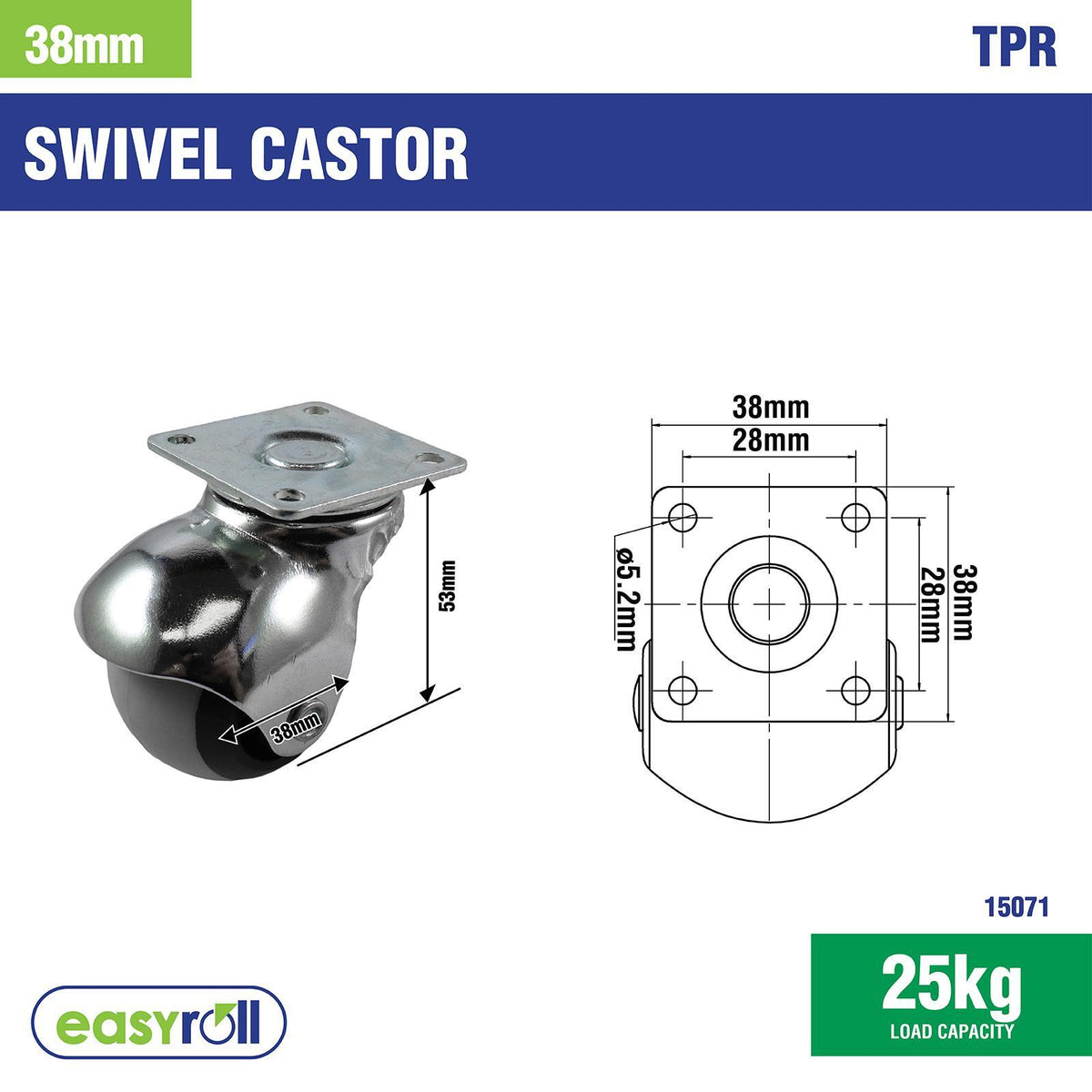 Easyroll 38mm 25kg Swivel Plate TPR Ball Wheel Castor Grey Indoor