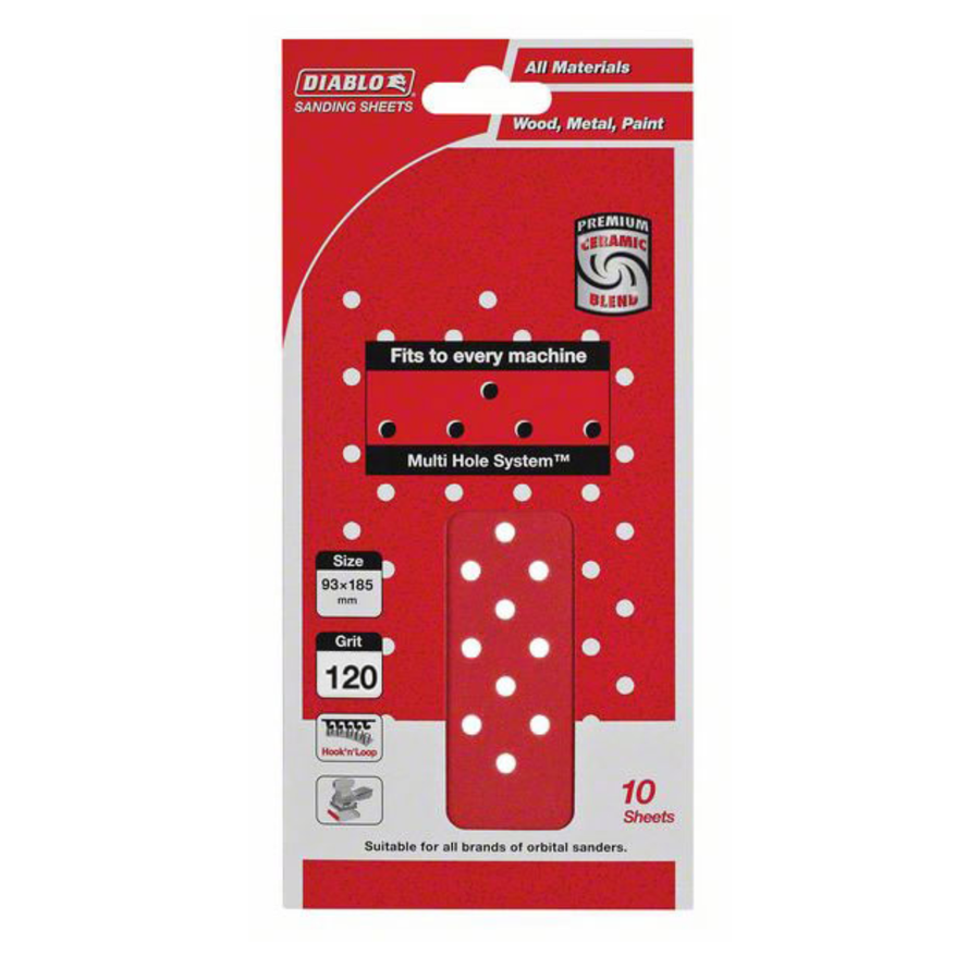 Diablo 93 x 185mm 120 Grit Hook & Loop Multihole Sanding Sheet - 10 Pack
