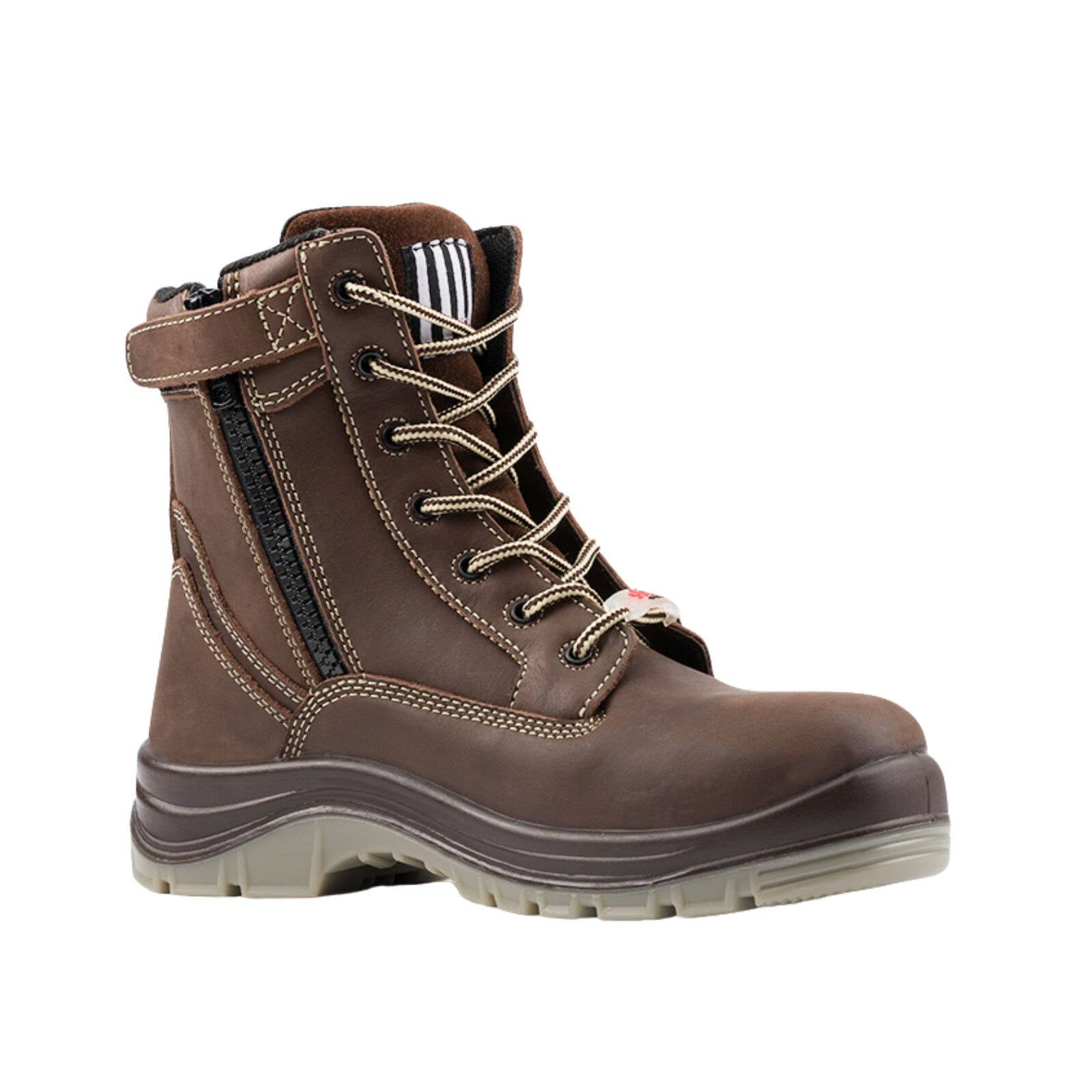she wear Pursues Womens Safety Work Boots Size 5 Brown Crazy Horse Leather Composite Toe Zip Side Water Resistant