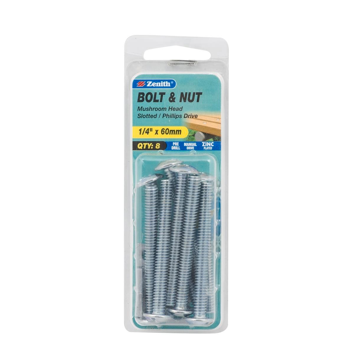 Zenith Mushroom Head Bolt and Nut 1/4 x 60mm Zinc Plated 8 Pack - SuperSaverAU - view 1