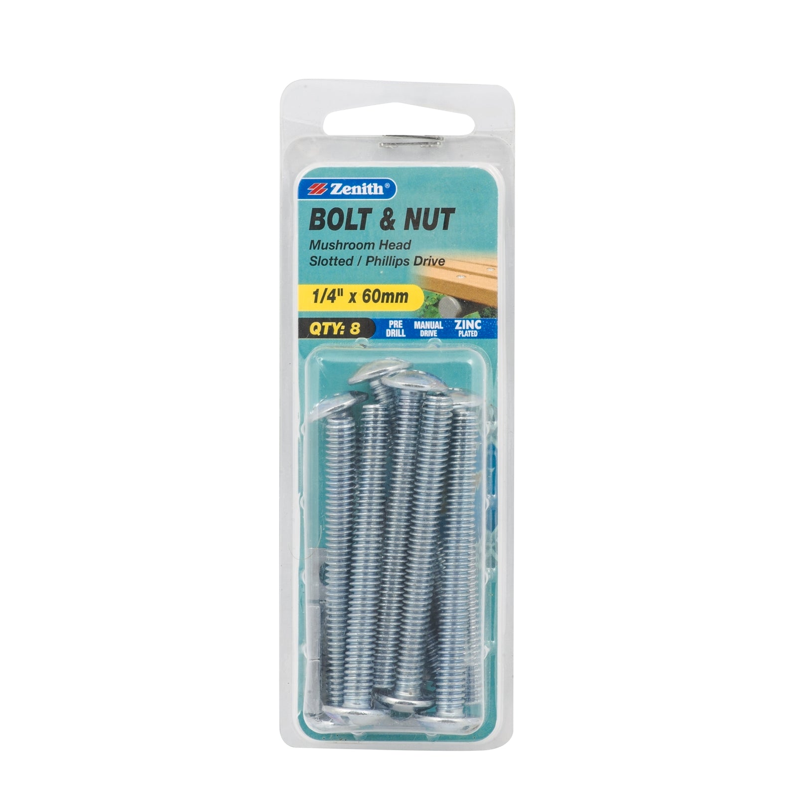 Zenith 1/4" x 60mm Zinc Plated Mushroom Head Bolt and Nut - 8 Pack