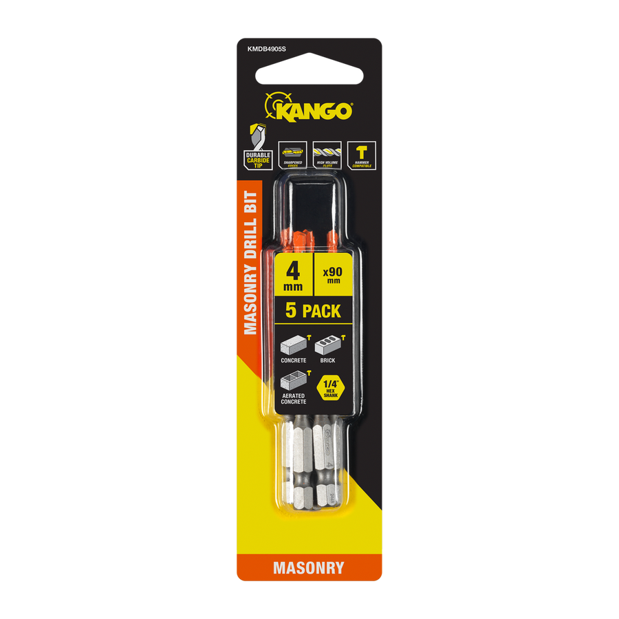 Kango Masonry Drill Bit - 4mm x 90mm - 5 Pack - Durable Carbide Tip - SuperSaverAU - view 1