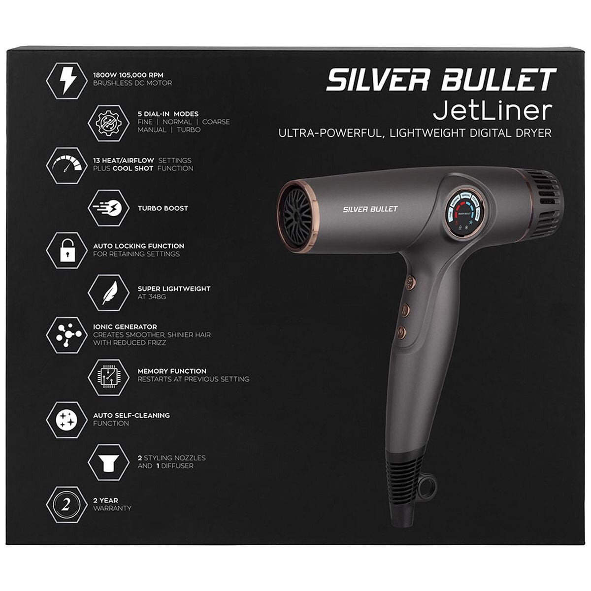 Silver Bullet Jetliner hair dryer 1800W - 5 dial-in modes, ionic, auto-locking - 900619