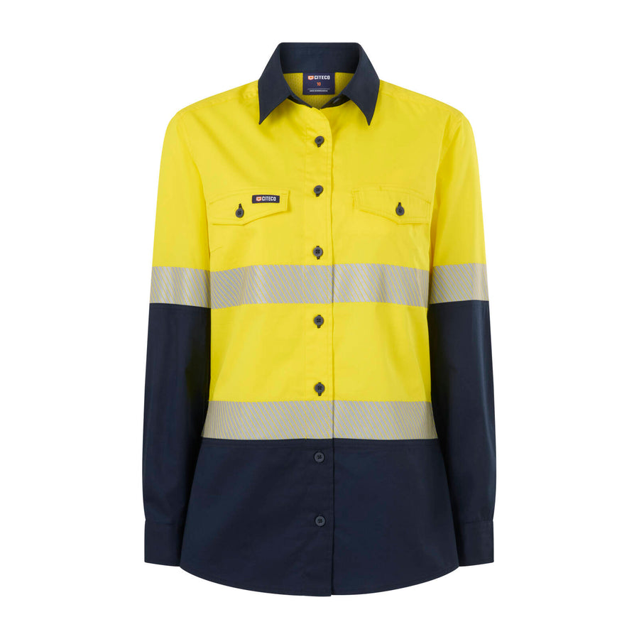 Citeco Women's Yellow/Navy Hi Vis Taped Long Sleeve Shirt - Cotton, Size 10