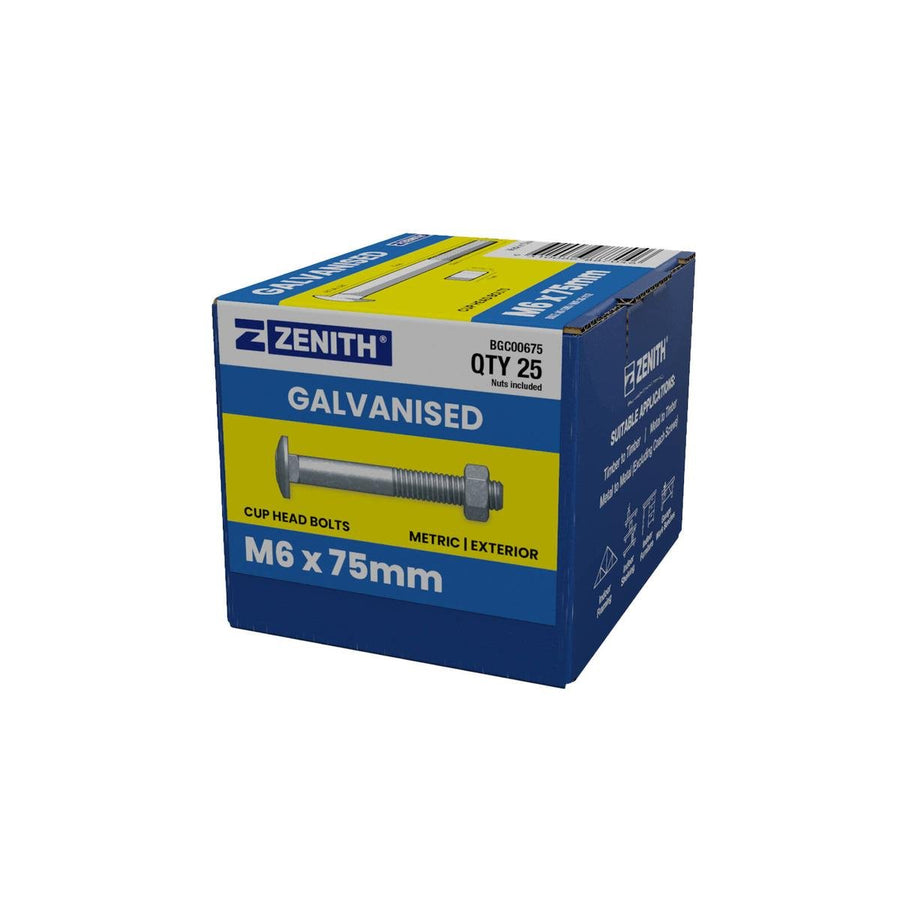 Zenith Hot Dip Galvanised M6 x 75mm Cup Head Bolts Nuts 25 Pack - SuperSaverAU - view 1
