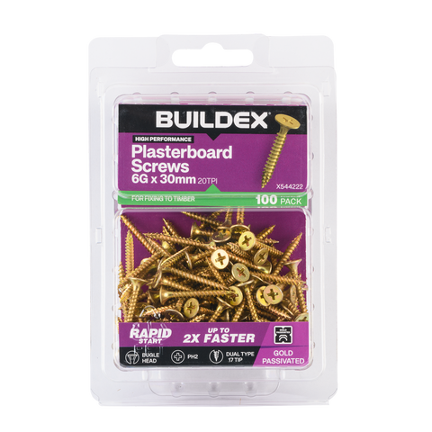 Buildex Plasterboard Screws - 6g x 30mm Gold Passivated - Dual Type 17 Tip - 100 Pack - SuperSaverAU - view 1