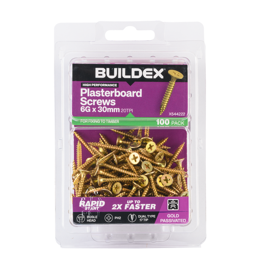 Buildex Plasterboard Screws - 6g x 30mm Gold Passivated - Dual Type 17 Tip - 100 Pack - SuperSaverAU - view 1
