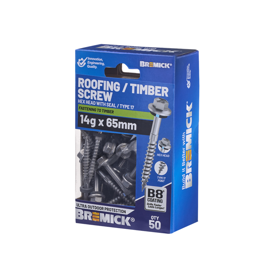 Bremick Hex Roofing Screw 14g x 65mm - 50 Pack - Watertight - Corrosion Resistant - SuperSaverAU - view 1