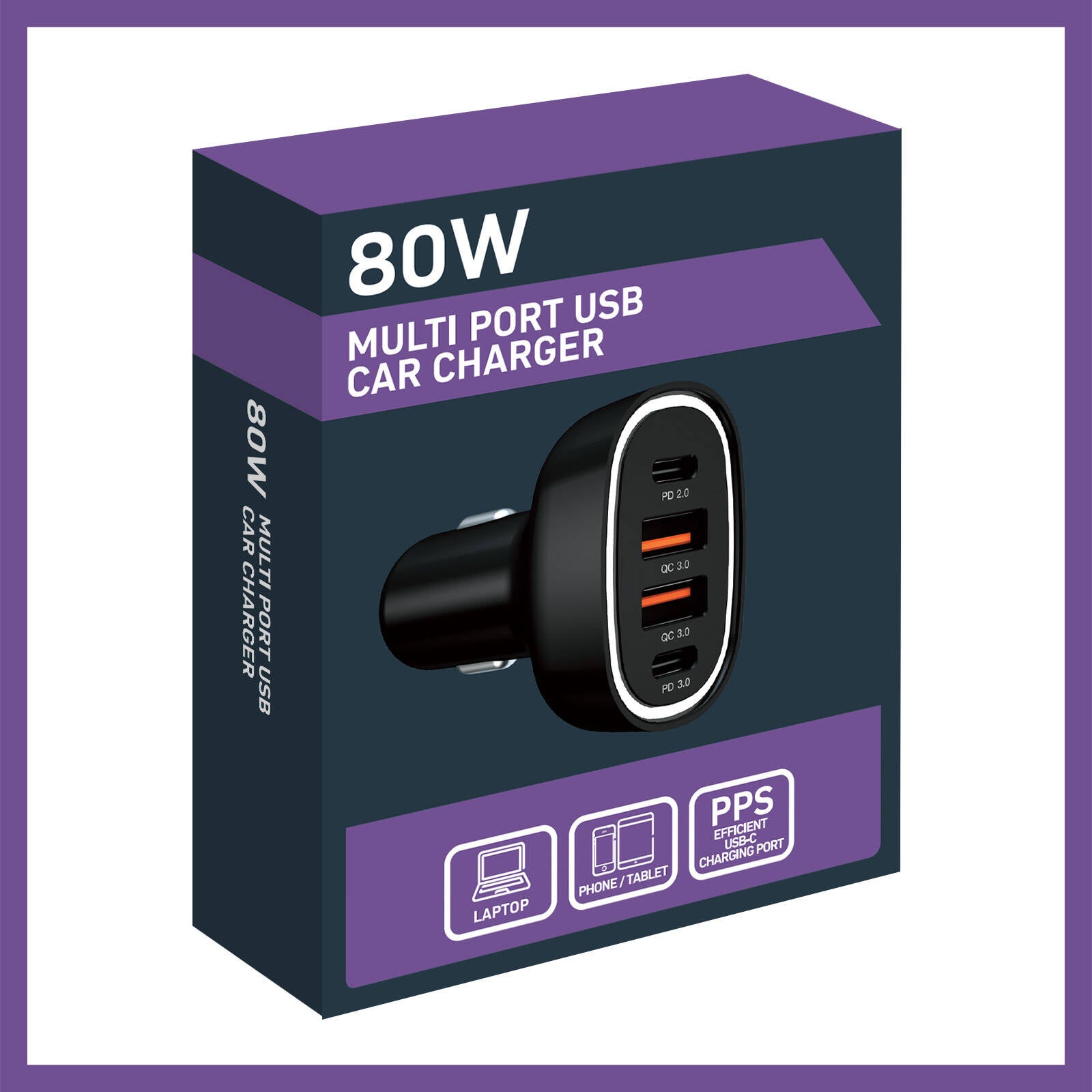 Antsig 80W Multi Port USB Car Charger - 2x USB-C PD + 2x USB-A QC 3.0, Black APCC70W2AC