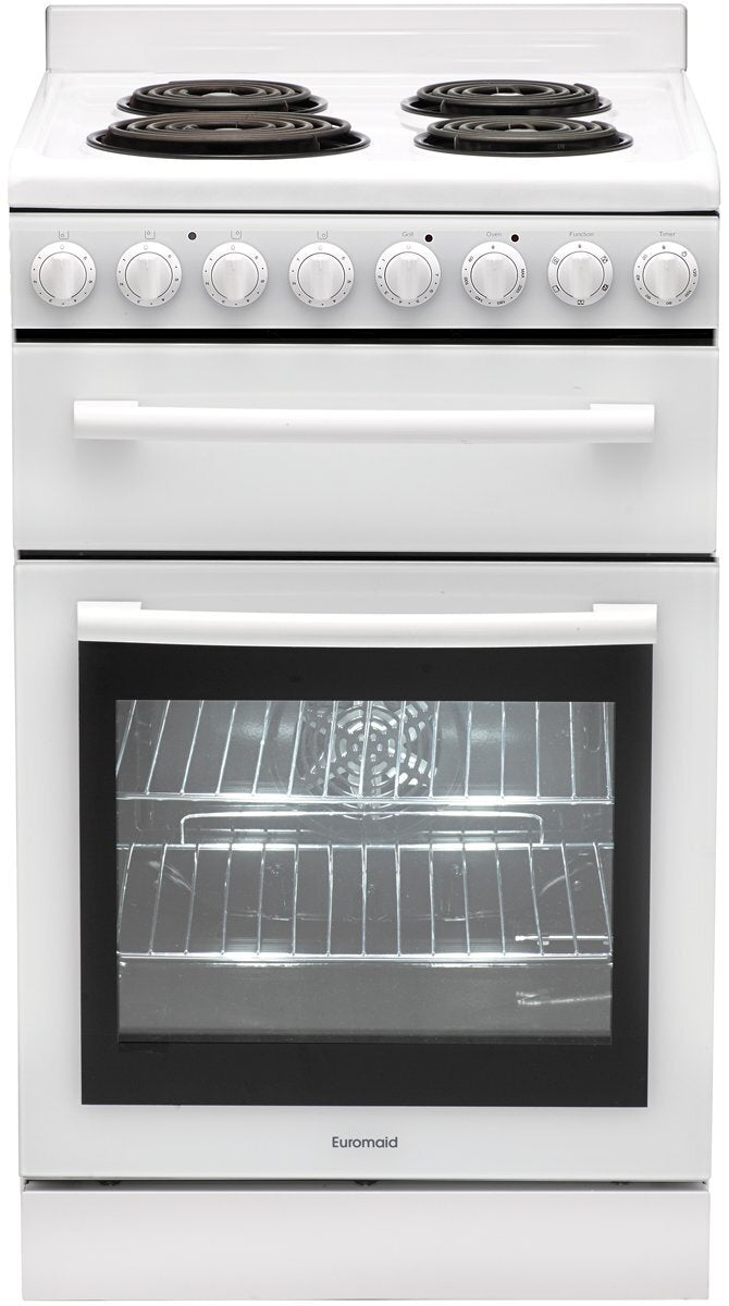 Euromaid 54cm Freestanding Electric Oven/Stove - 83L Oven, 4 Coil Hotplates, Separate Grill - F54RW