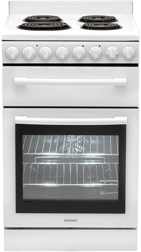 Euromaid 54cm Freestanding Electric Oven/Stove - 83L Oven, 4 Coil Hotplates, Separate Grill - F54RW