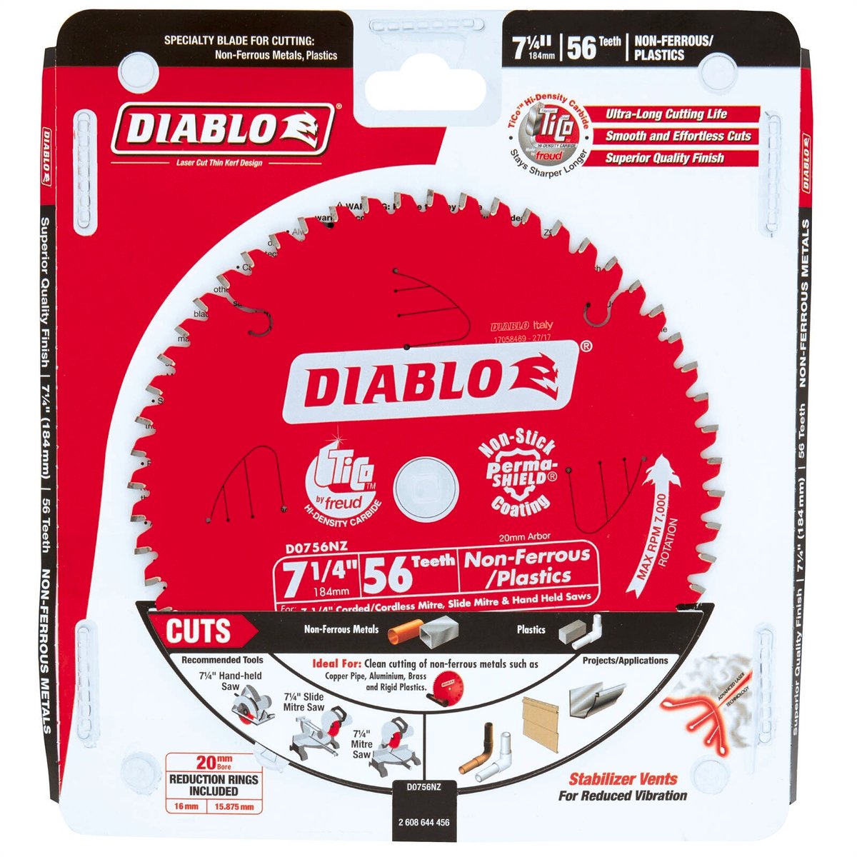 Diablo 184mm 56t Non Ferrous Plastic Circular Saw Blade - Red
