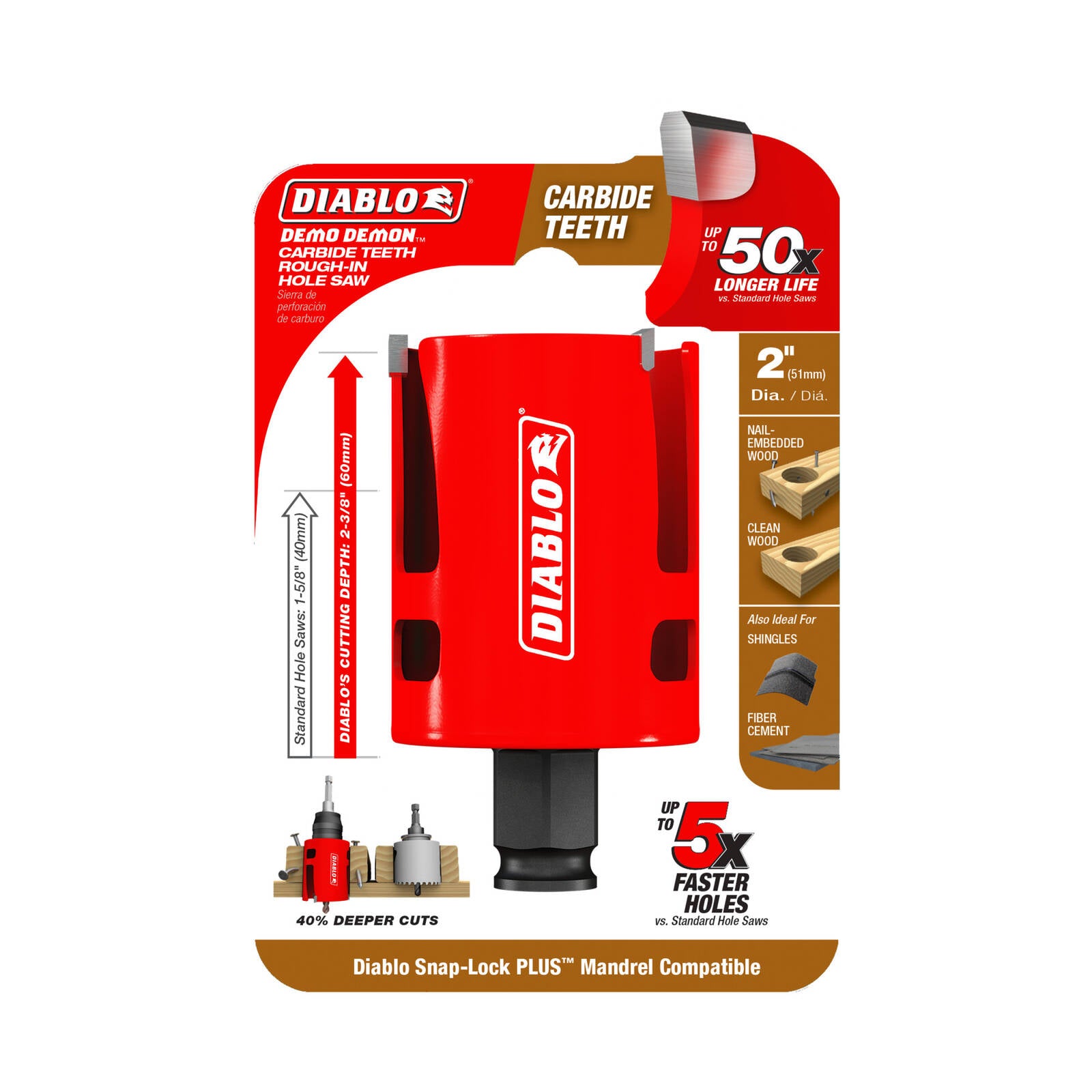 Diablo 2 inch Demo Demon Carbide Rough-In Hole Saw, 60mm Depth