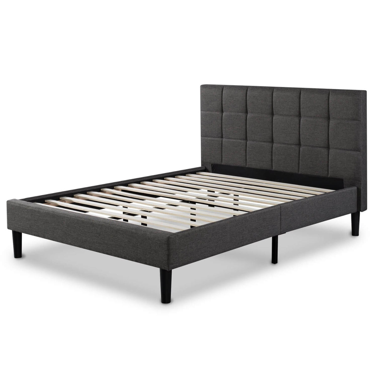 Zinus Lottie Deluxe queen upholstered bed frame - dark grey, slatted support, padded headboard - AU-FSPB-Q
