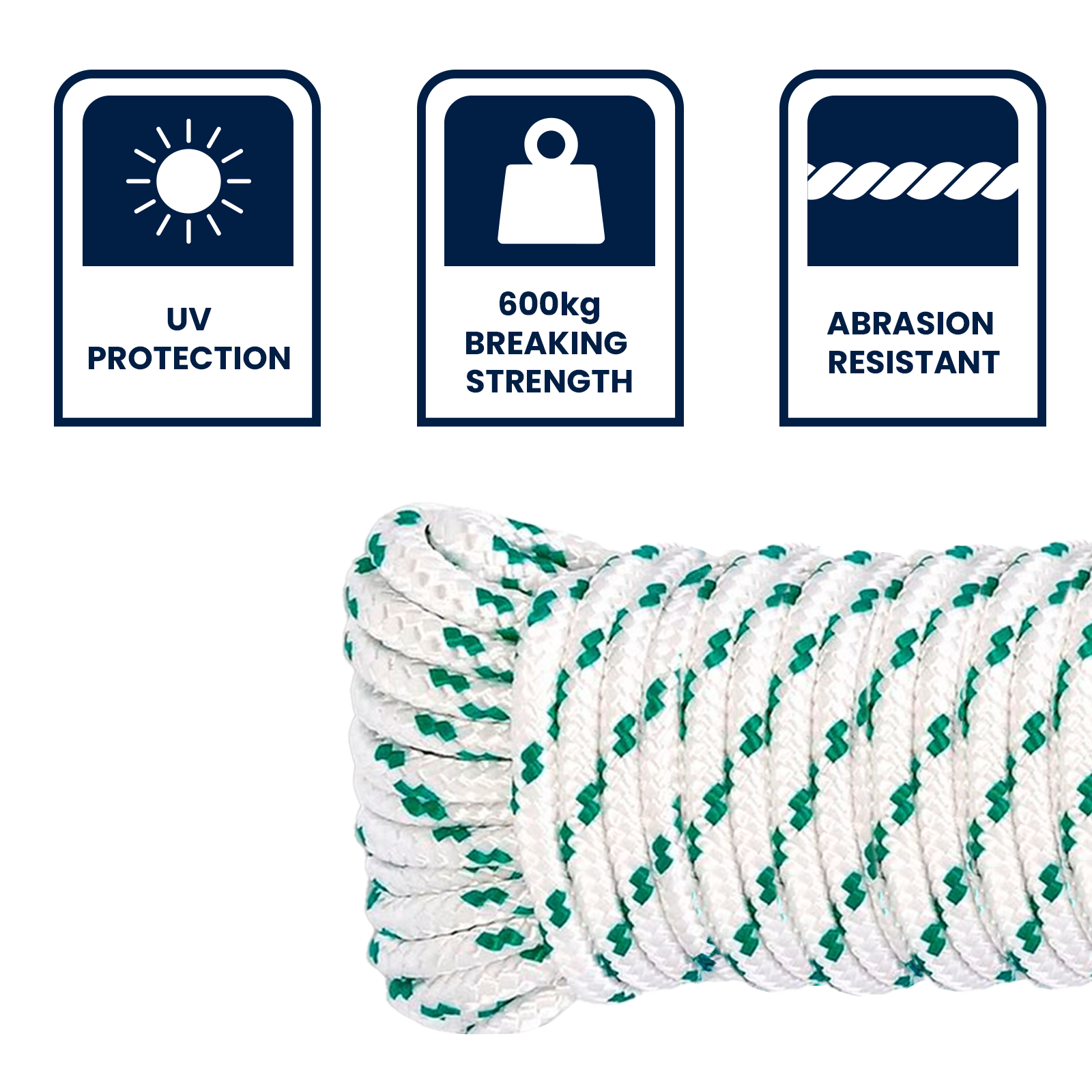 Grunt 8mm x 25m Outdoor Rope, White with Green Trace, Braided Polypropylene, 600kg Break Strength