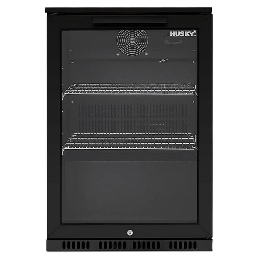 Husky 118L outdoor beverage fridge - black, lockable, anti-condensation glass door - ALFC1BLK840ELB