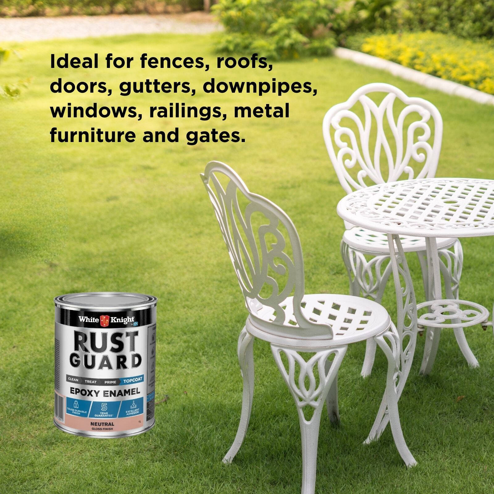 White Knight Rust Guard 1L Neutral Gloss Epoxy Enamel Paint, Solvent-Based, One-Step for Metal Surfaces