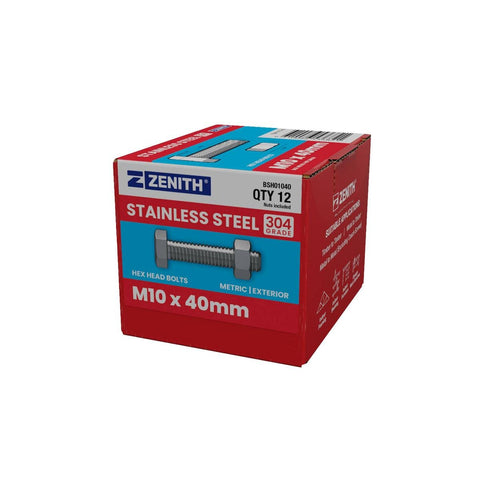Zenith Stainless Steel 304 Grade Hex Head Bolts and Nuts 12 Pack - M10 x 40mm - Durable Fastening Solutions - SuperSaverAU - view 1