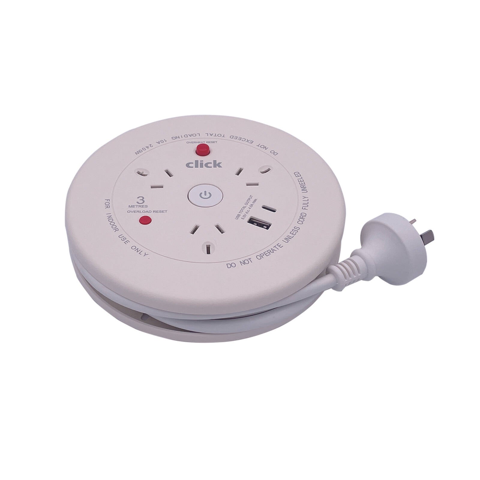 Click 3 Metre 3 Outlet Cable Reel with USB Charger CCR303CU 10A 2400W