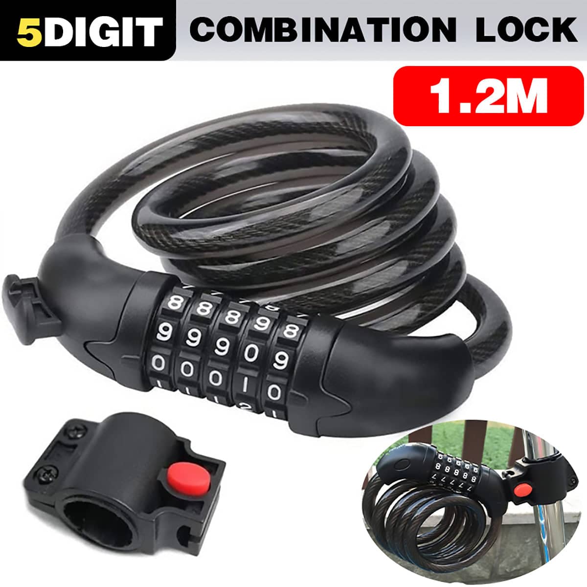 5 Digit Combination Bike Cable Lock 1.2 m x 12 mm with Mount Bracket
