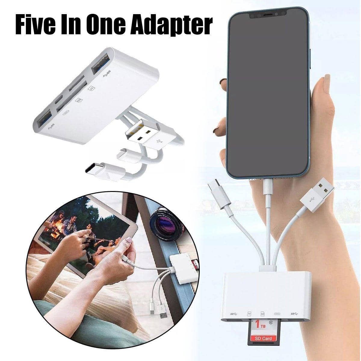 5-In-1 USB Card Reader Adapter for SD, Micro SD and TF Memory Cards, Fast Data Transfer