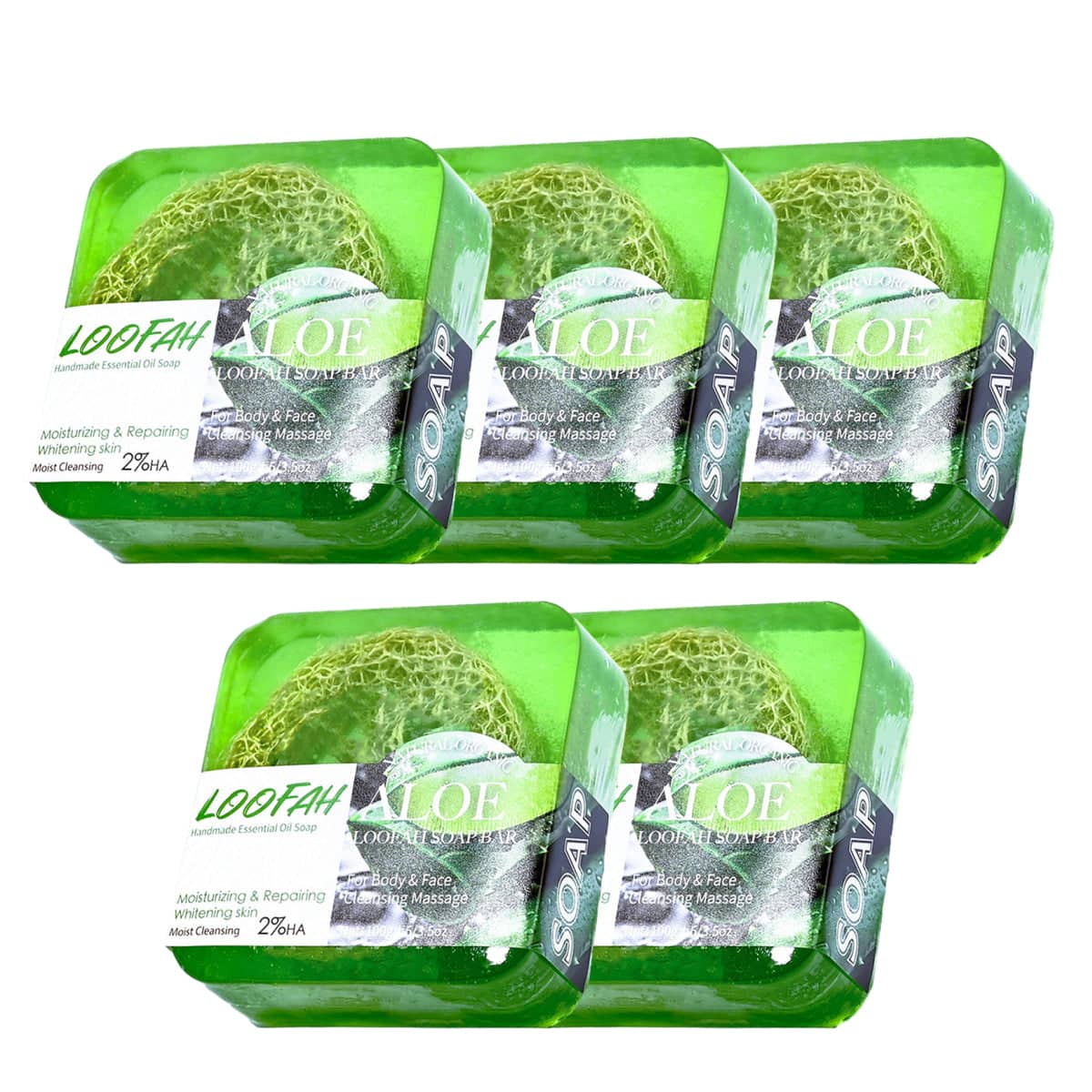 5 Pack Loofah Essential Oil Soap Bars Facial Cleansing Exfoliating - Aloe