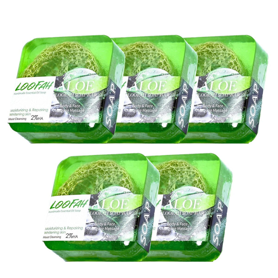 5 Pack Loofah Essential Oil Soap Bars Facial Cleansing Exfoliating - Aloe