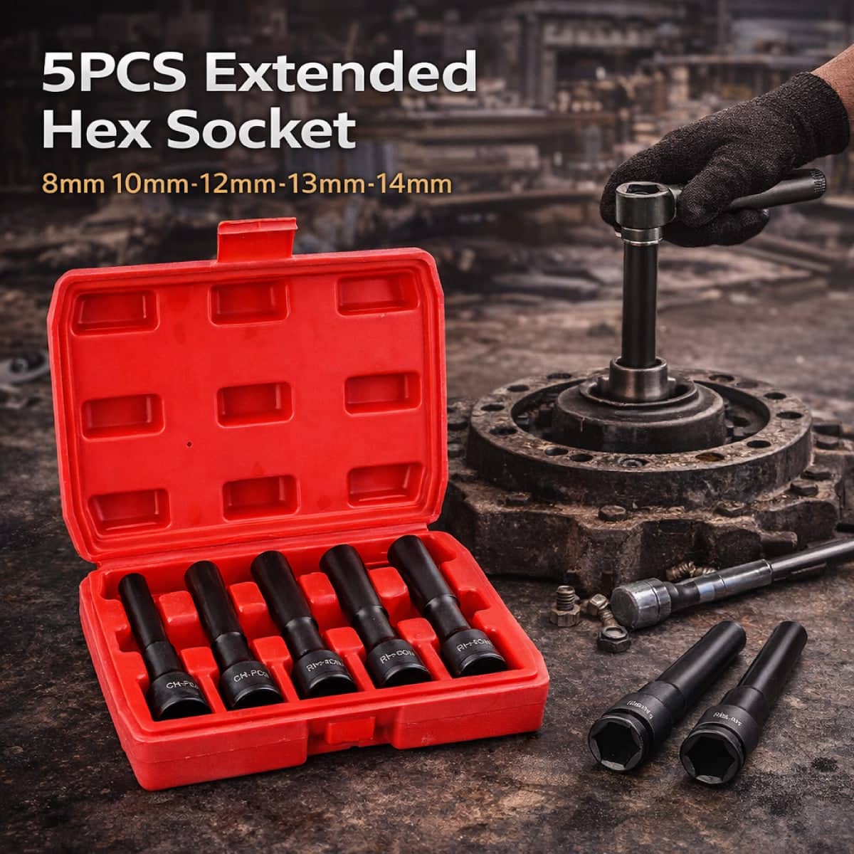 5 Piece Extended Hex Socket Set for Automotive Repair and Removal
