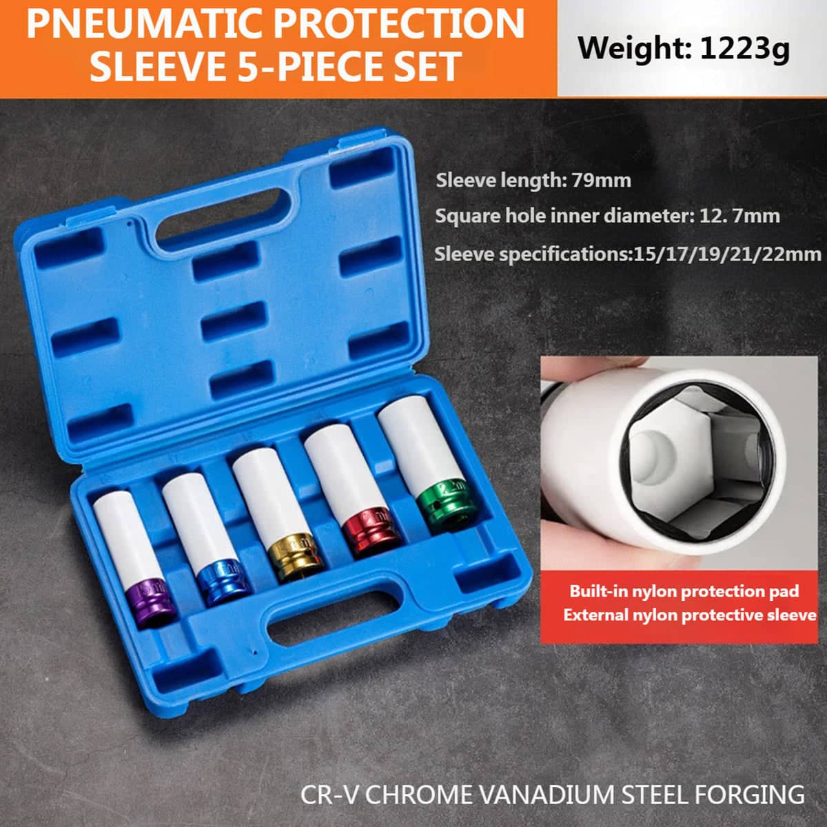 5 Piece Extra Long Lug Nut Impact Socket Set with Wheel Hub Protection
