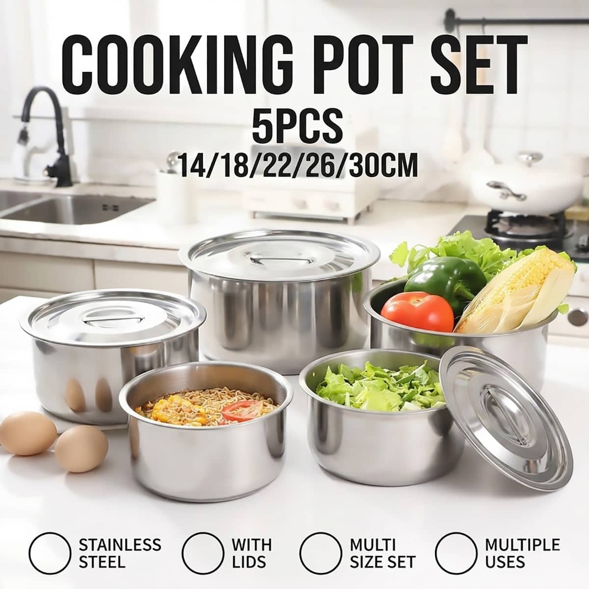 5 Piece Stainless Steel Cooking Pot Set with Lids 14, 18, 22, 26 and 30 cm