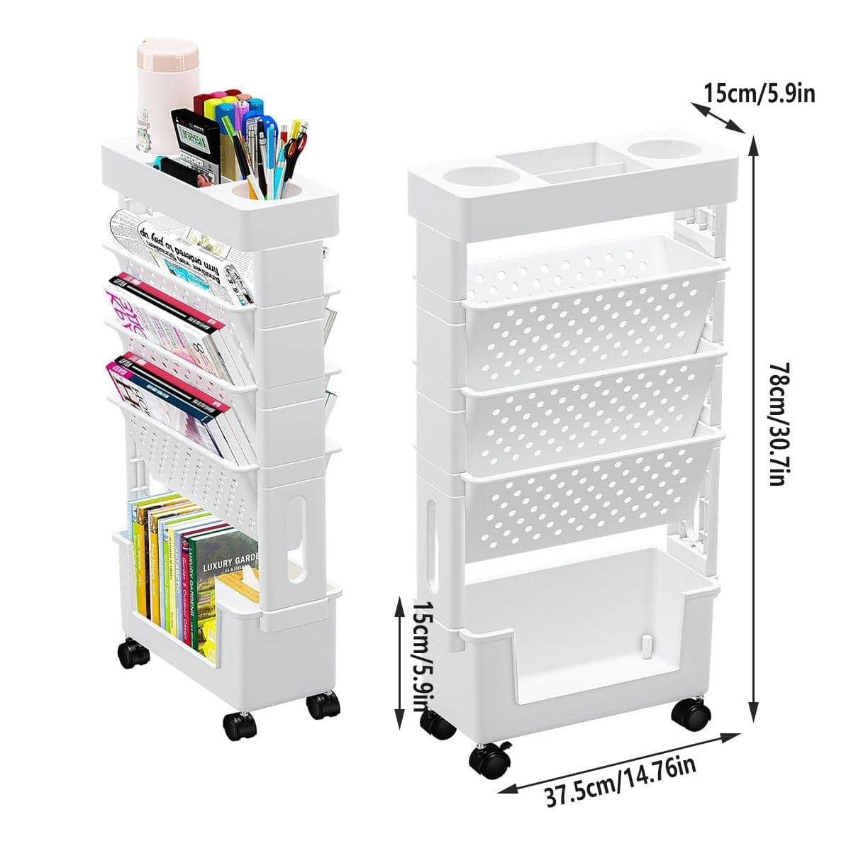 5-Tier Rolling Bookshelf Movable Book Rack Storage Organiser with Wheels - view 3