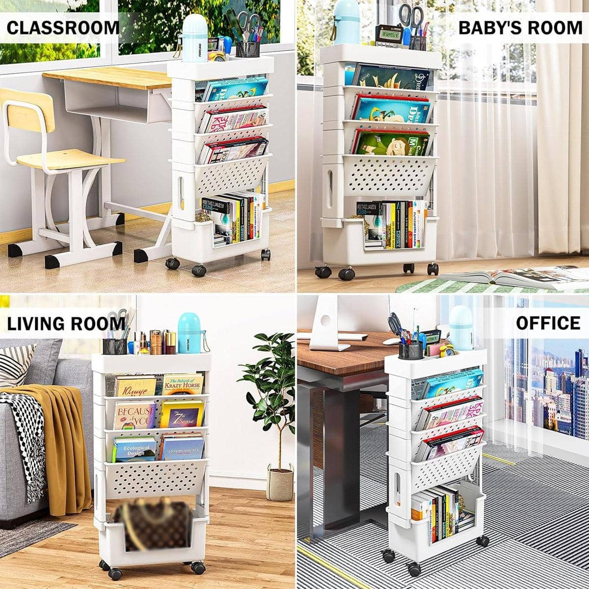 5-Tier Rolling Bookshelf Movable Book Rack Storage Organiser with Wheels - view 4