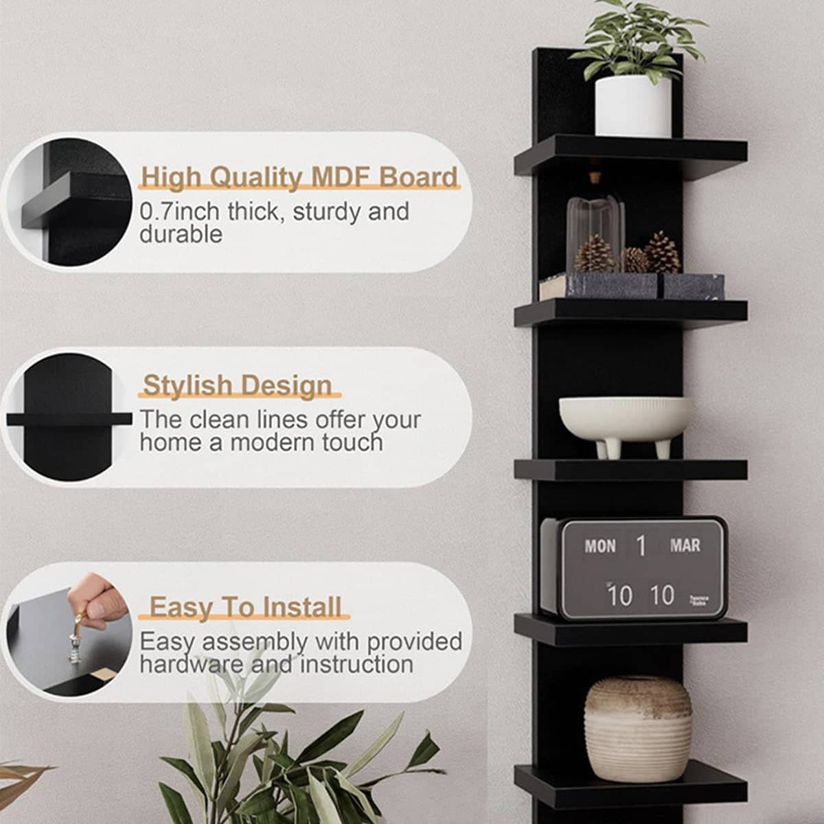 5 Tier Wall Mounted Shelf Black for Home Living Room Storage Use - view 4