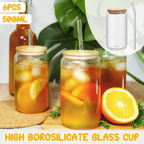 500 ml Glass Tumbler Set with Bamboo Lids and Straws, 6 Pack