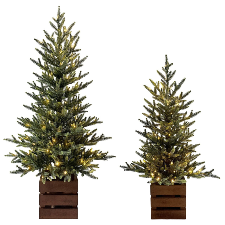 Battery-Operated Artificial Christmas Pine Tree Pair in Crate Bases, 1.2m and 0.9m Sizes, by CGH