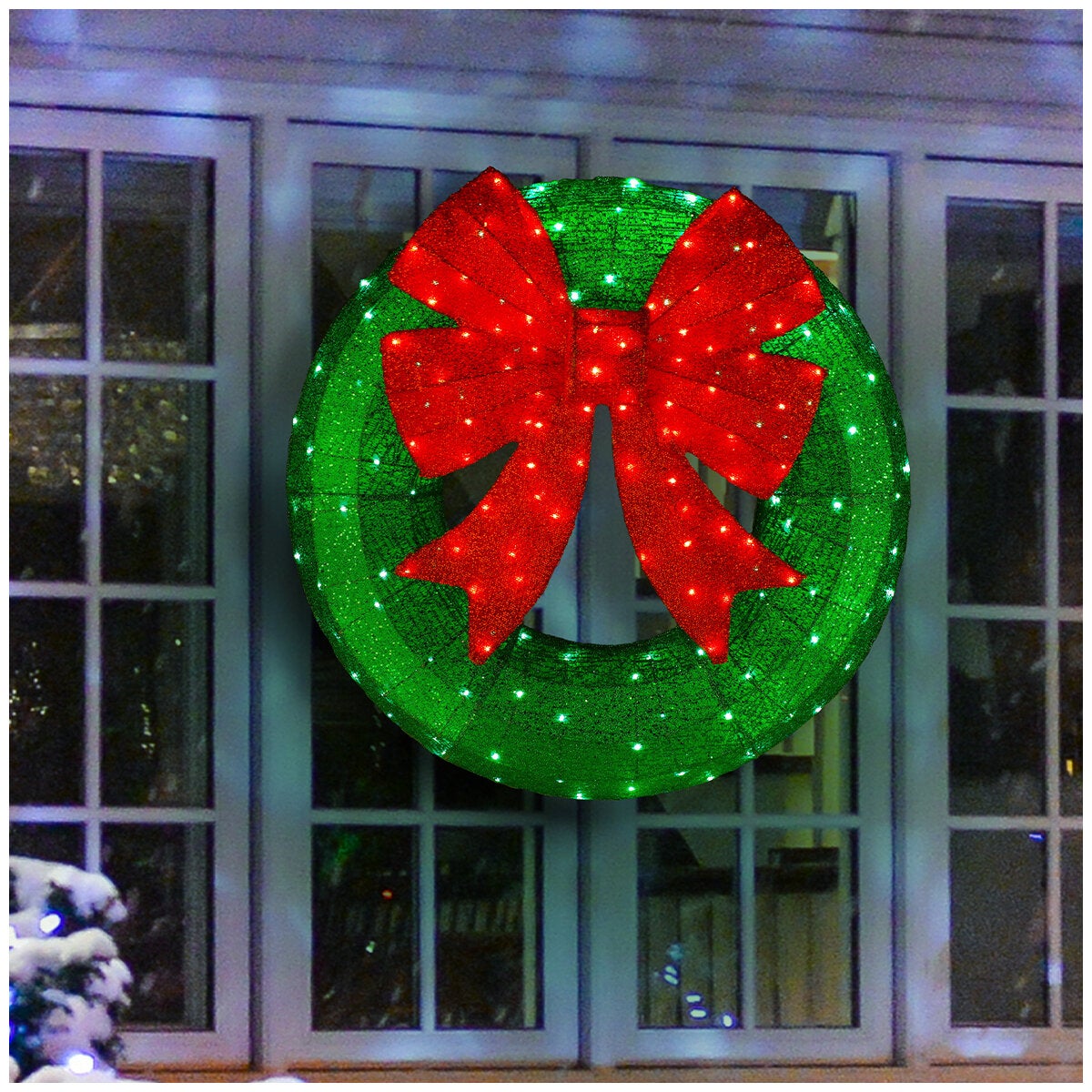 Oversized 90.5cm Pre-Lit Front Door Wreath with Classic Red Bow and 150 LEDs for Porch or Wall
