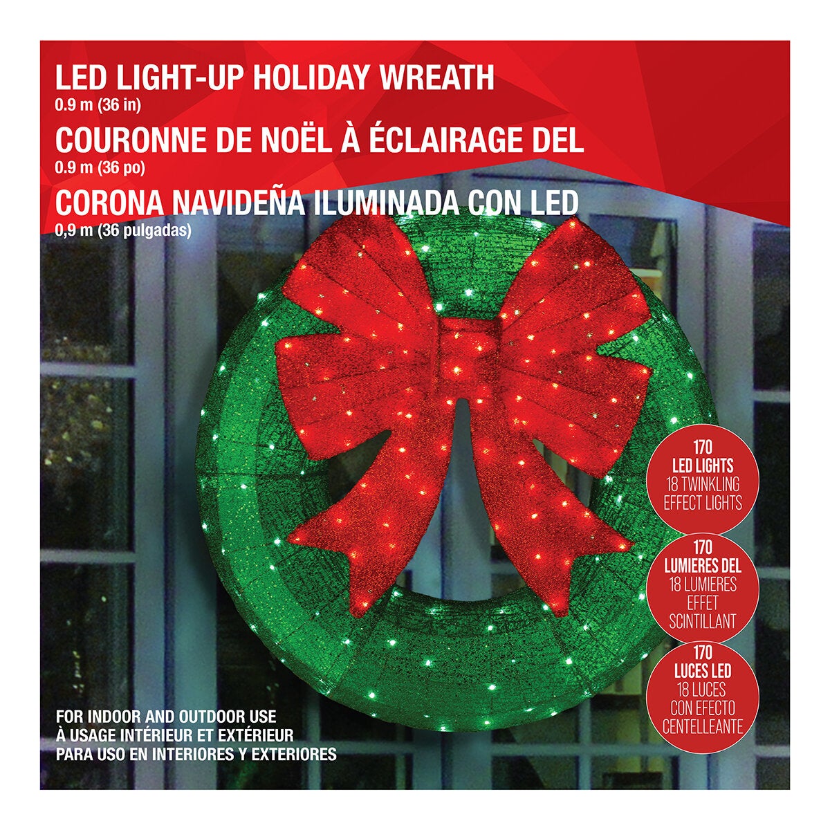 Oversized 90.5cm Pre-Lit Front Door Wreath with Classic Red Bow and 150 LEDs for Porch or Wall — image 3