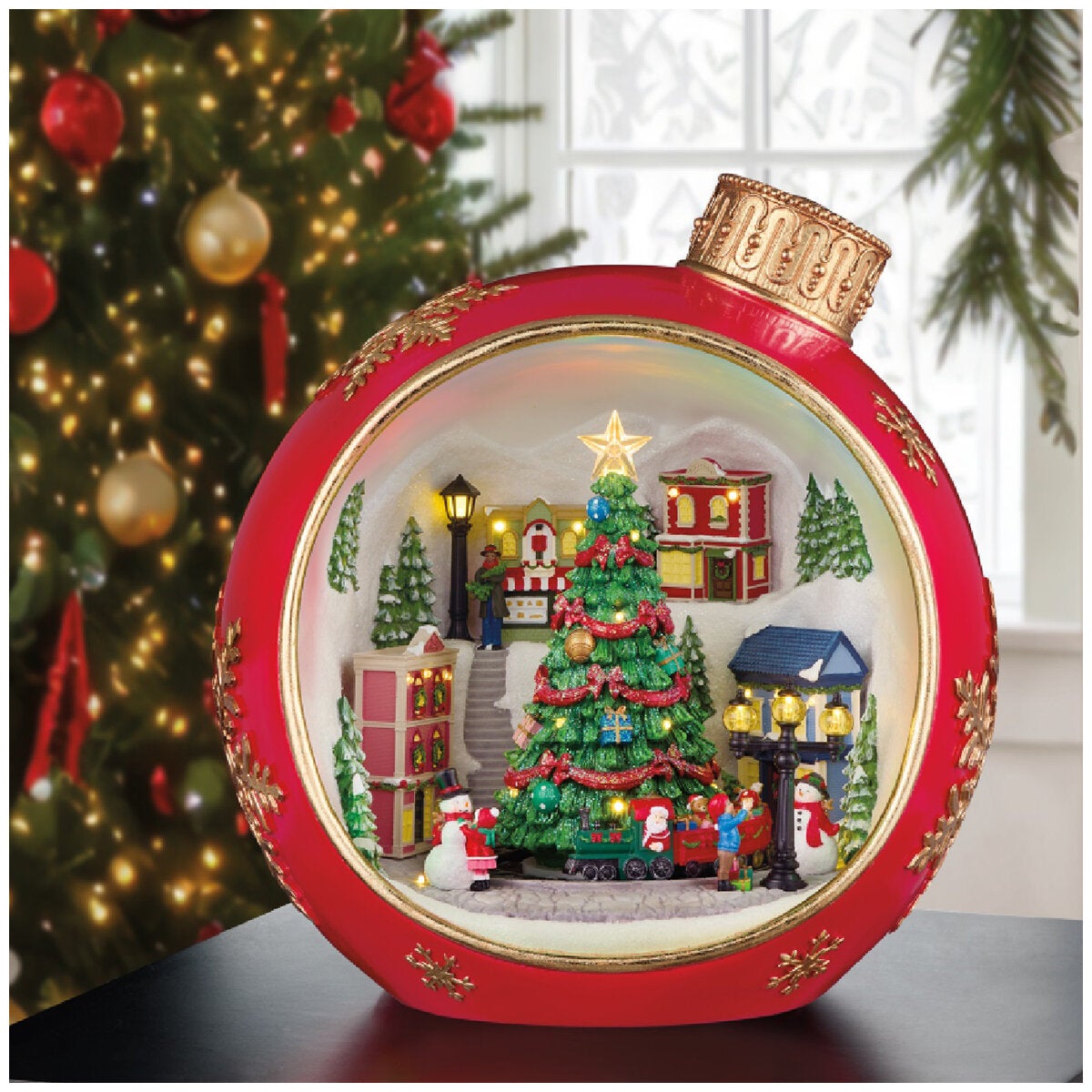 Bauble-Shaped Light-Up Village Display with Turning Train and 8 Holiday Songs, Winter Scene 38.8cm