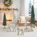 Woodland Christmas Figurine Set of 5 with Stags, Fawn and Evergreen Trees in Hand-Painted Resin