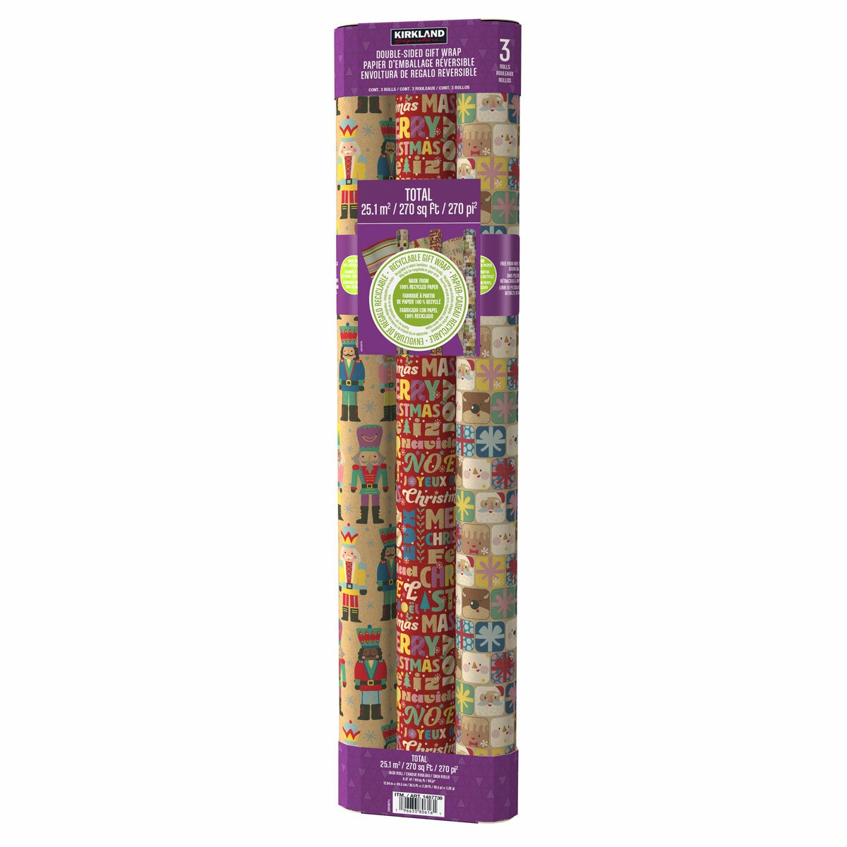 Double-Sided Christmas Wrapping Paper with 6 Designs, Recycled Kraft, Kirkland Signature Brights