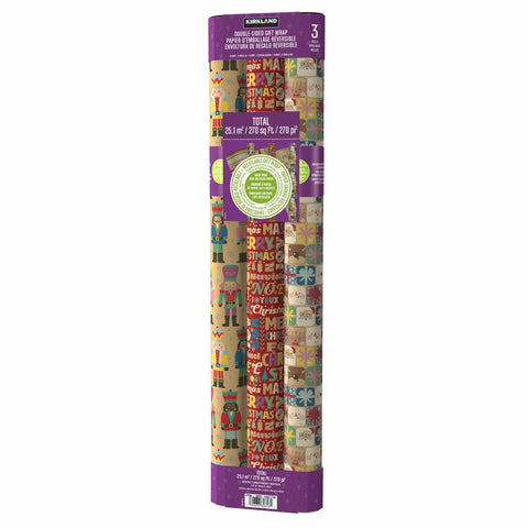 Double-Sided Christmas Wrapping Paper with 6 Designs, Recycled Kraft, Kirkland Signature Brights