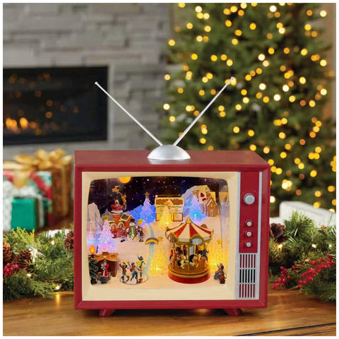 Vintage-Style Musical Television Ornament with Moving Santa Sleigh Scene and Carousel, 45.7cm