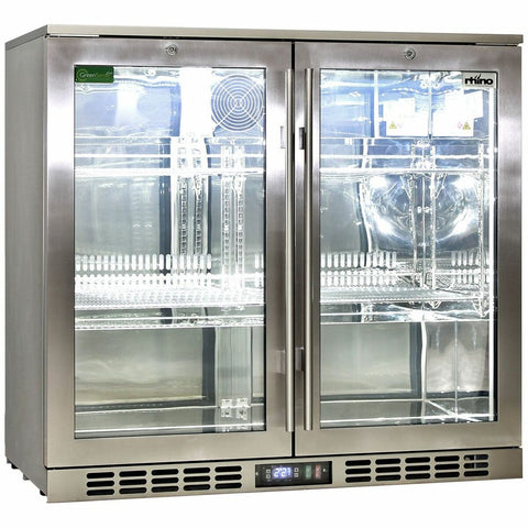Rhino 208L Heated Glass Two Door Bar Fridge - Stainless Steel, LG Compressor, Lockable Doors - SG2H-HD