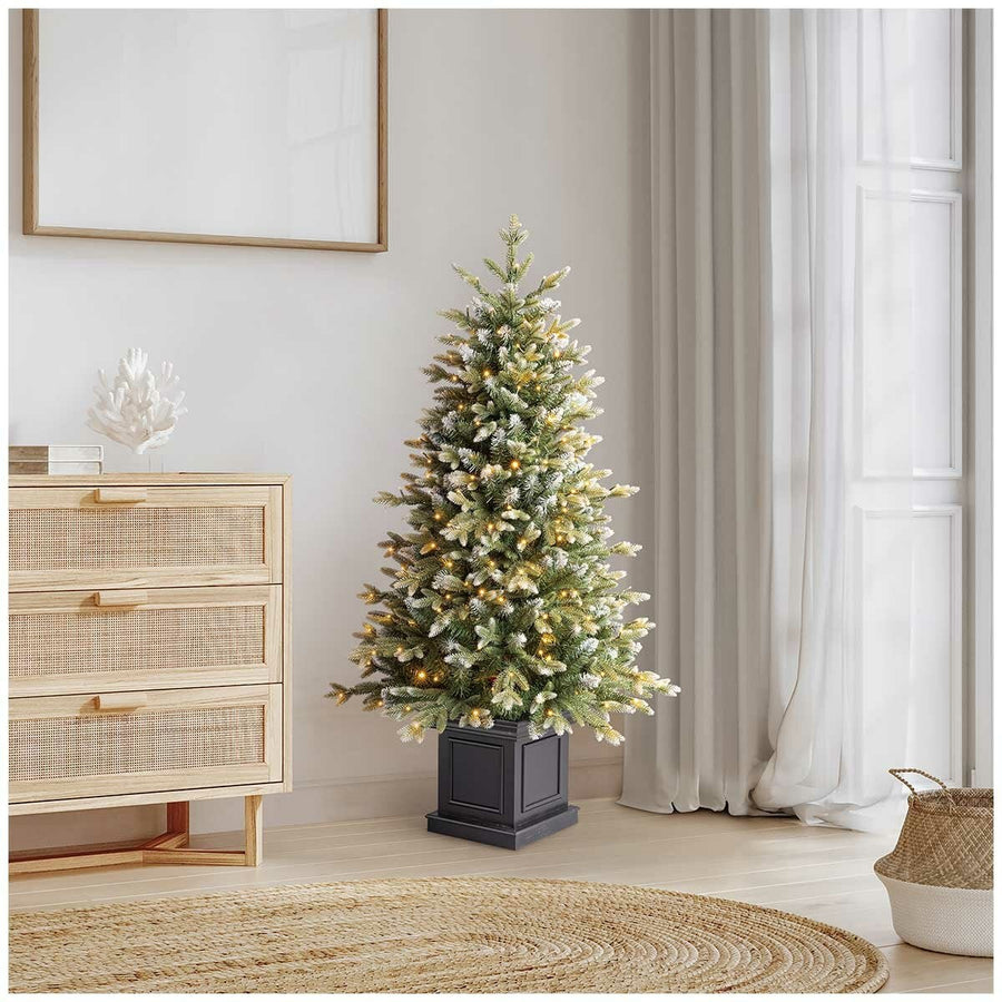 Compact 1.3 Metre Artificial Christmas Tree in Square Pot, Glitter Frosted and Pre-Lit with Twinkling LEDs