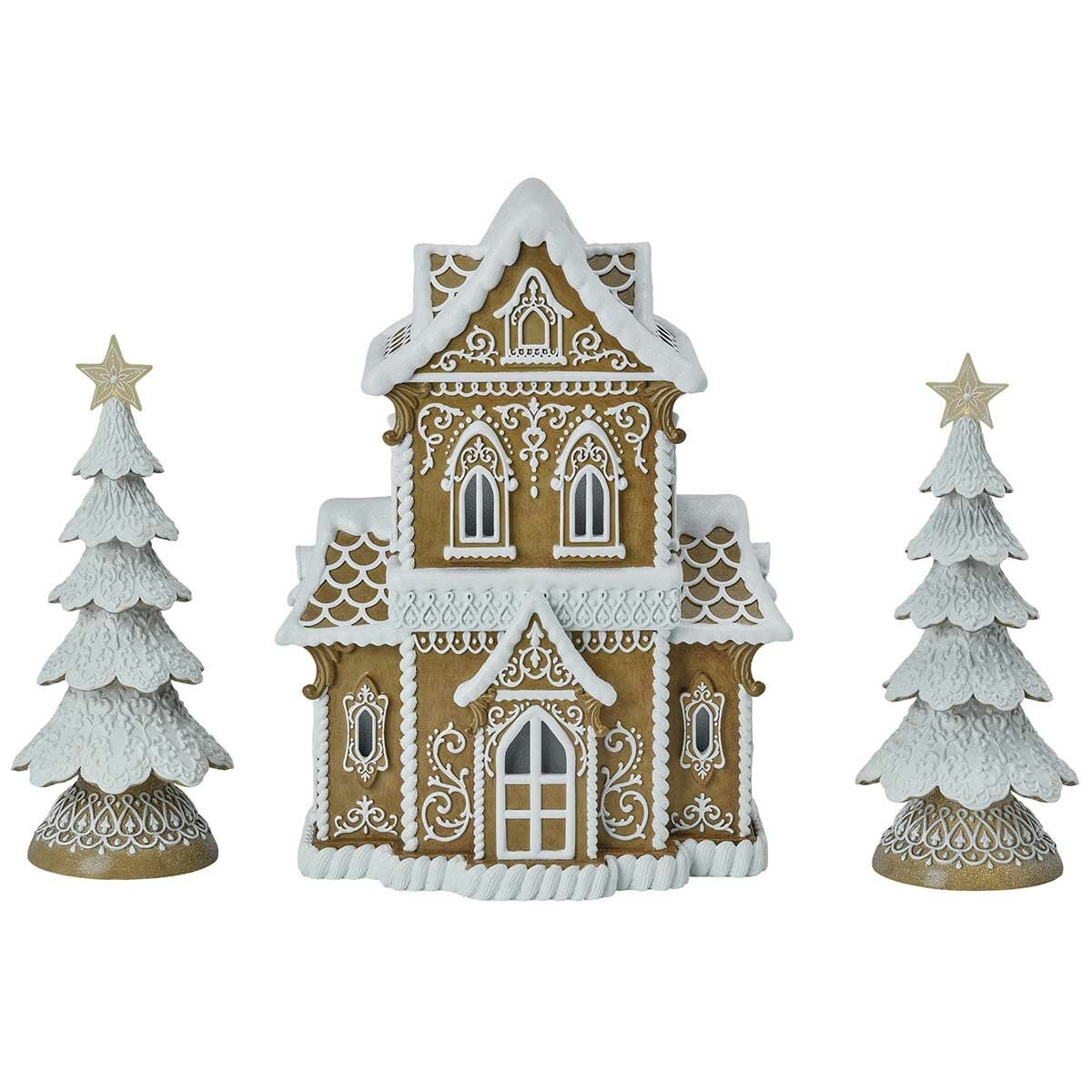 Light-Up Christmas Village Display: 38cm Resin Gingerbread Cottage with Two Star-Topped Trees — image 2