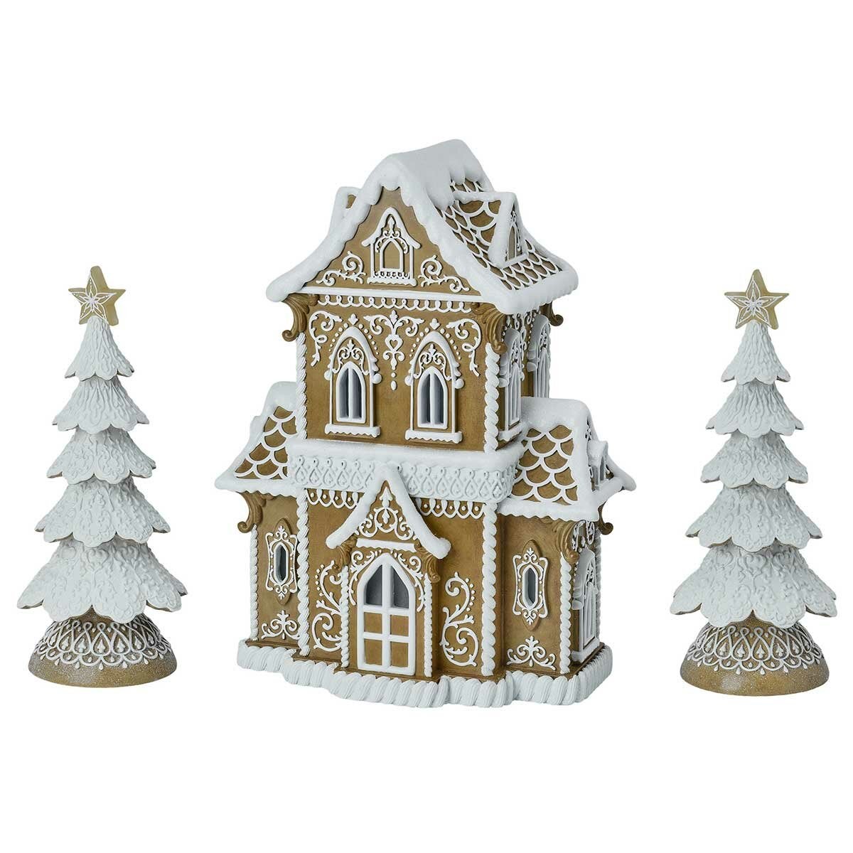 Light-Up Christmas Village Display: 38cm Resin Gingerbread Cottage with Two Star-Topped Trees — image 3