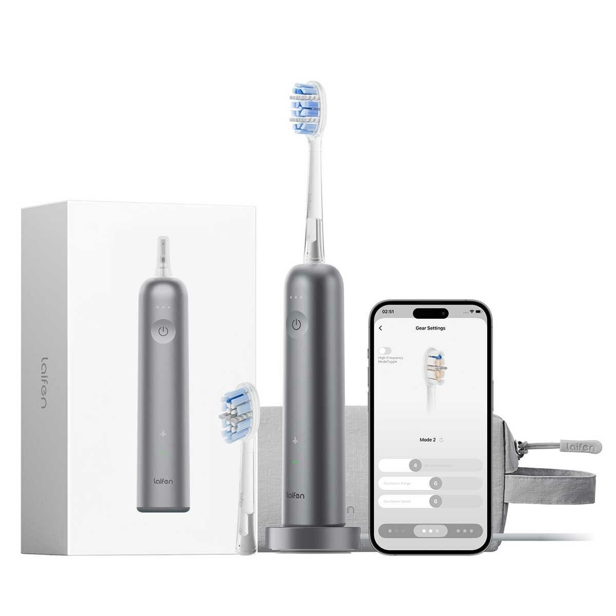 Oscillating Toothbrush with App Connectivity and Wireless Charging, 2 Brush Heads, by Laifen Wave Pro 1TB92AXXDG002