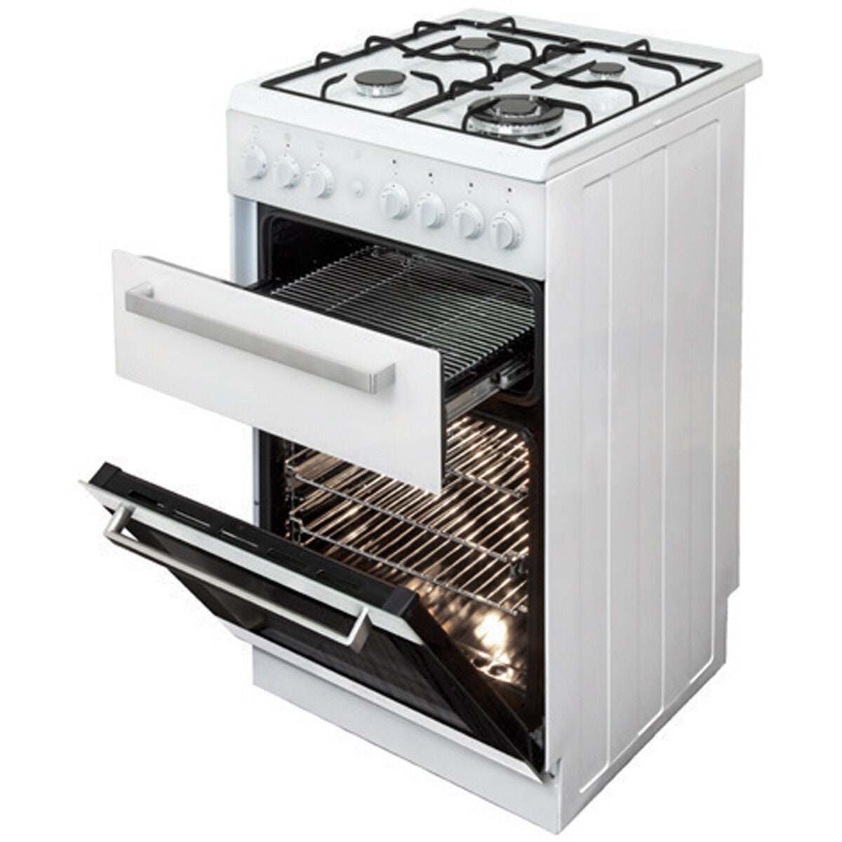 Artusi 54cm Natural Gas Freestanding Oven - 60L, Wok Burner, Separate Electric Grill, White - AFGG54EG