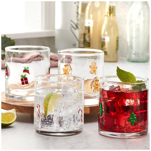 Hand-Crafted Christmas Drinking Glasses, Set of 4 Festive Motifs for Entertaining, 414ml by Pandex