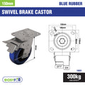 Easyroll 150mm Blue Elastic Rubber Heavy Duty Swivel Plate and Brake Castor, 300kg
